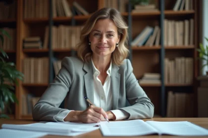 Femme annotant des documents dans un bureau avec des dictionnaires en arrière-plan, illustrant la recherche de synonymes et les bonnes pratiques rédactionnelles