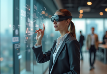 Avantages et inconvénients de la réalité augmentée : pour mieux comprendre son utilité ! Femme en bureau avec lunettes AR et graphiques numériques