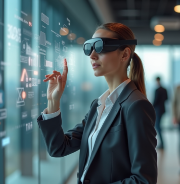 Avantages et inconvénients de la réalité augmentée : pour mieux comprendre son utilité ! Femme en bureau avec lunettes AR et graphiques numériques