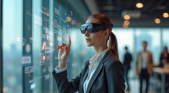 Femme en bureau avec lunettes AR et graphiques numériques
