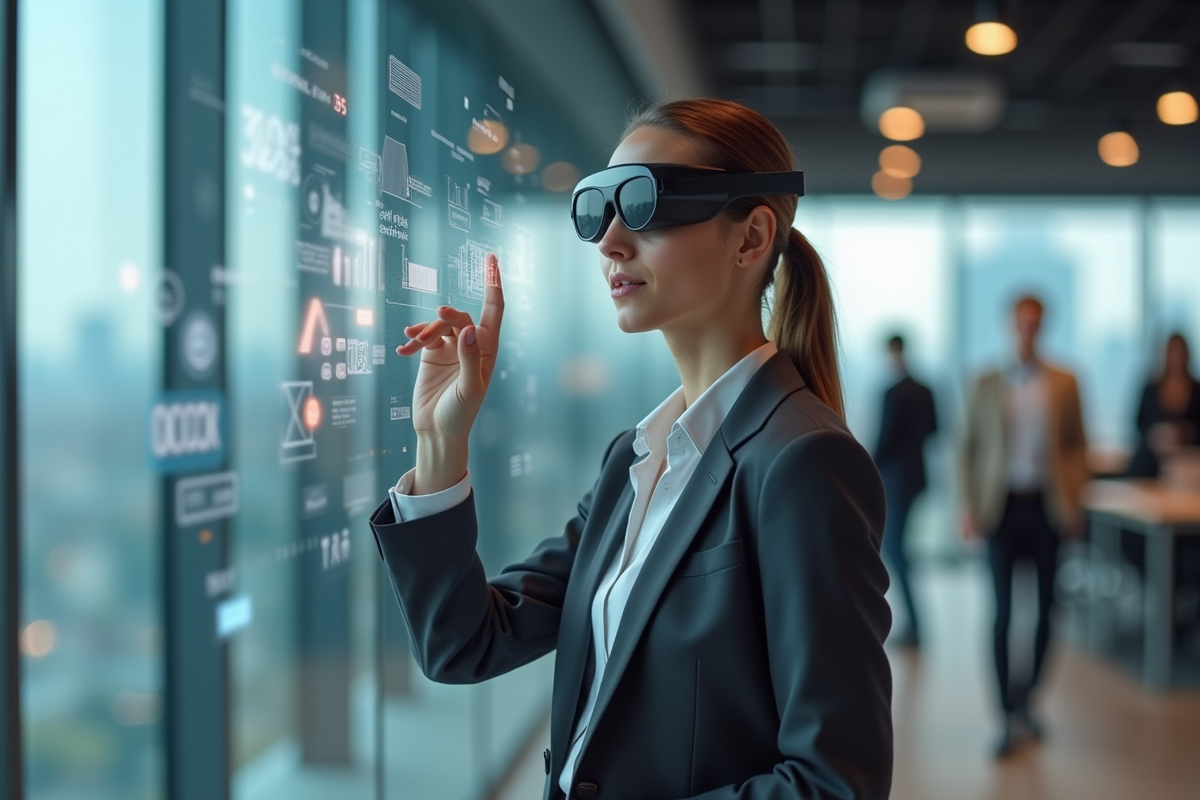 Femme en bureau avec lunettes AR et graphiques numériques