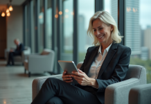Femme d affaires utilisant une tablette dans une banque moderne