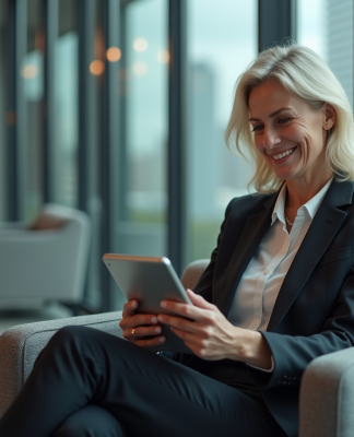Femme d affaires utilisant une tablette dans une banque moderne