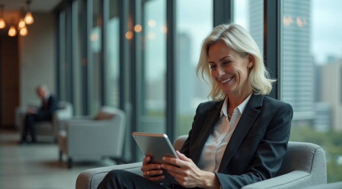 Femme d affaires utilisant une tablette dans une banque moderne