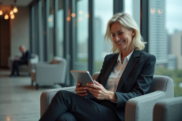 Femme d affaires utilisant une tablette dans une banque moderne