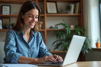 Femme au bureau utilisant une calculatrice en ligne