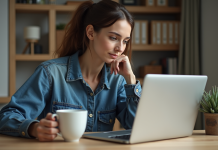 Jeune femme au bureau à domicile avec ordinateur et café