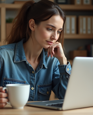 Jeune femme au bureau à domicile avec ordinateur et café