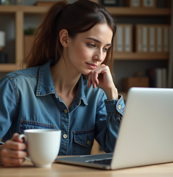 VPN ou antivirus : lequel choisir pour une sécurité optimale en ligne ? Jeune femme au bureau à domicile avec ordinateur et café