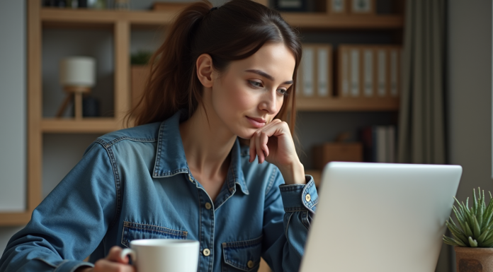 Jeune femme au bureau à domicile avec ordinateur et café