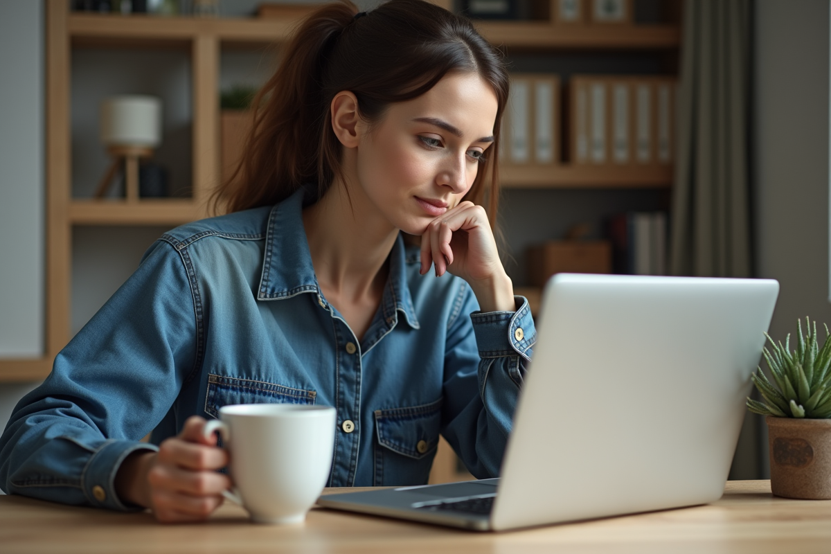 Jeune femme au bureau à domicile avec ordinateur et café