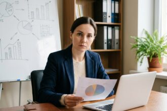 Femme d'affaires en réunion avec graphique à la main