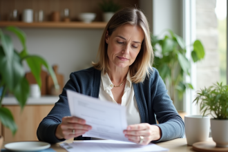 Femme d'âge moyen consulte brochures d'assurance santé à la maison