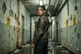 Femme en veste de cuir dans un couloir souterrain abandonné évoquant l'univers des films Resident Evil