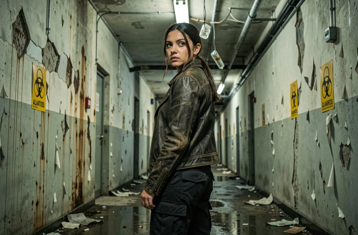 Femme en veste de cuir dans un couloir souterrain abandonné évoquant l'univers des films Resident Evil