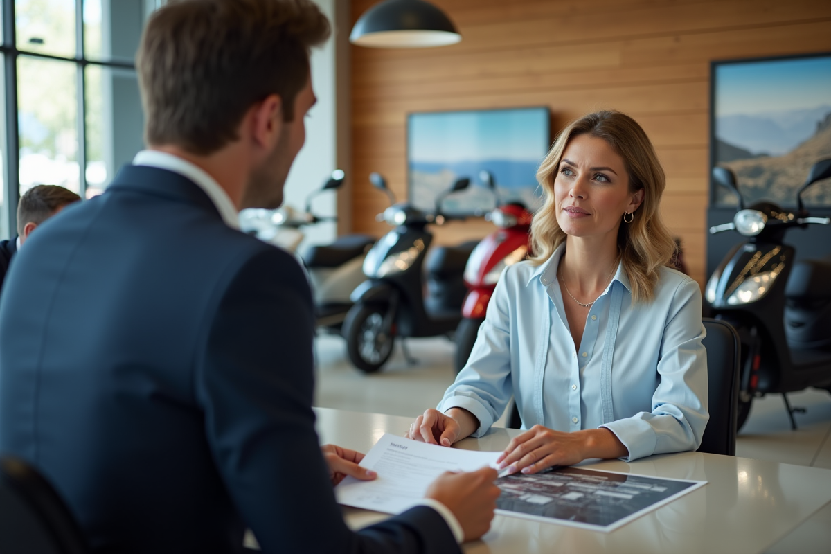 Femme d age moyenne consultant brochures de scooters