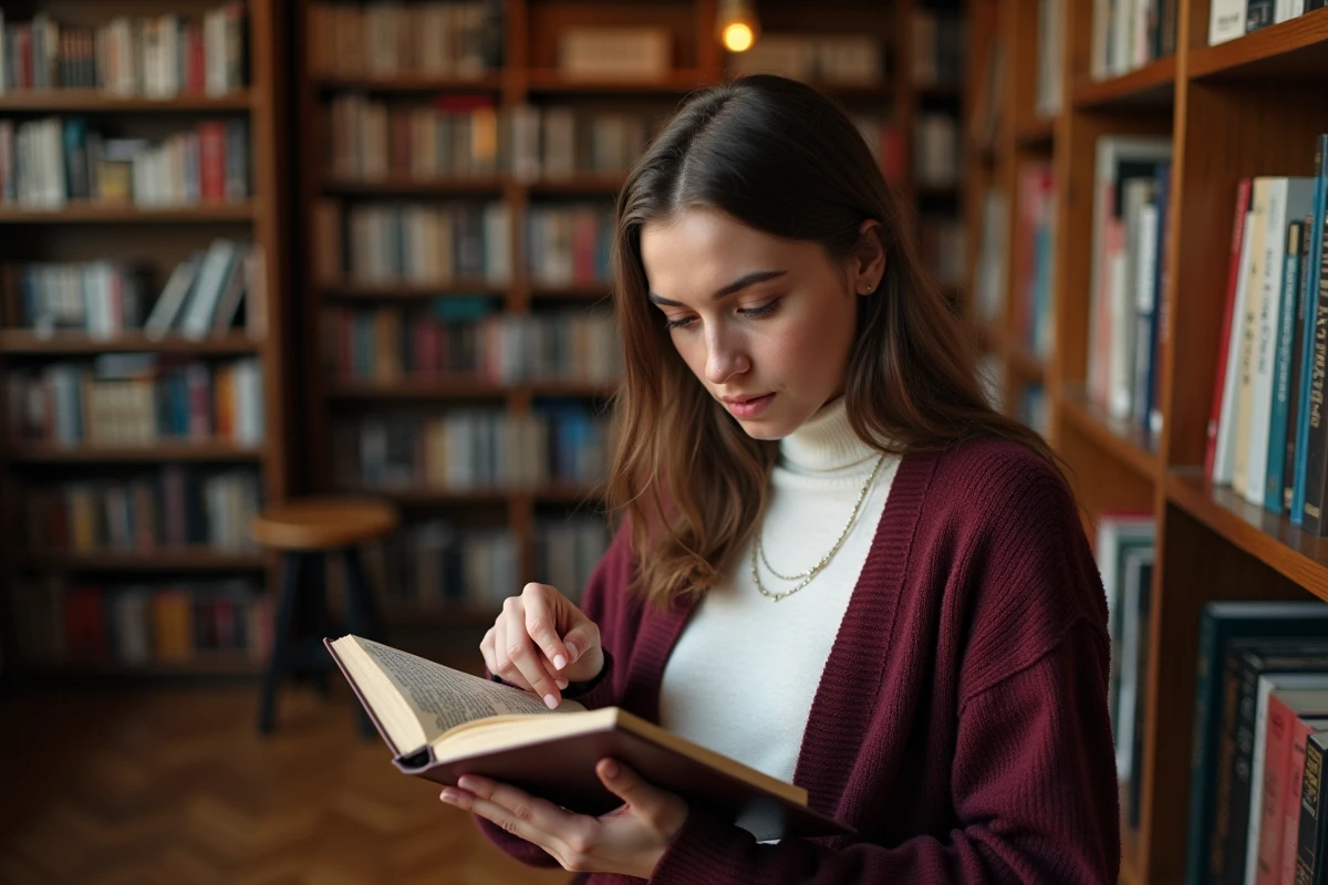 Jeune femme feuilletant un dictionnaire bilingue français-anglais dans une librairie indépendante, illustrant la recherche du sens précis des mots et des nuances grammaticales