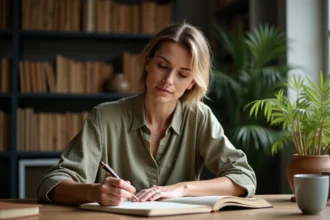 Femme écrivant dans un carnet avec un stylo plume dans un bureau à domicile, illustrant la réflexion sur le sens des mots et des prépositions en français