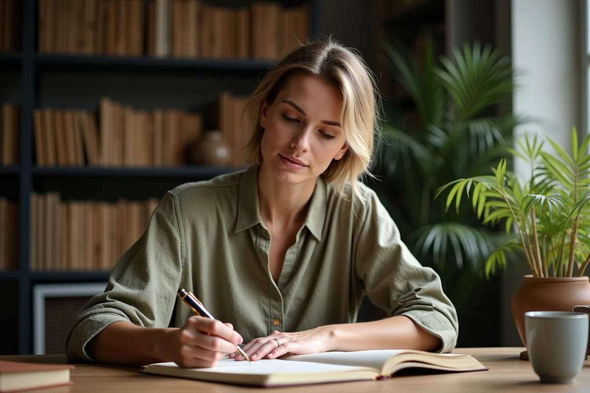 Femme écrivant dans un carnet avec un stylo plume dans un bureau à domicile, illustrant la réflexion sur le sens des mots et des prépositions en français