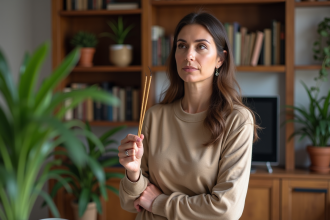 Femme d'âge moyen dans son salon contemplant des bâtons d'encens