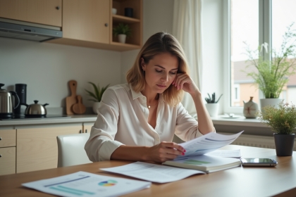 Femme française en intérieur examine relevés bancaires