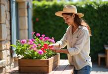 Femme en terrasse arrangeant des fleurs en jardinière