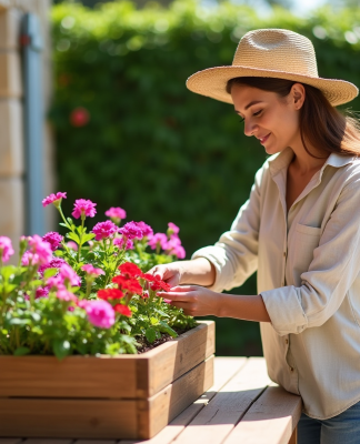 Femme en terrasse arrangeant des fleurs en jardinière