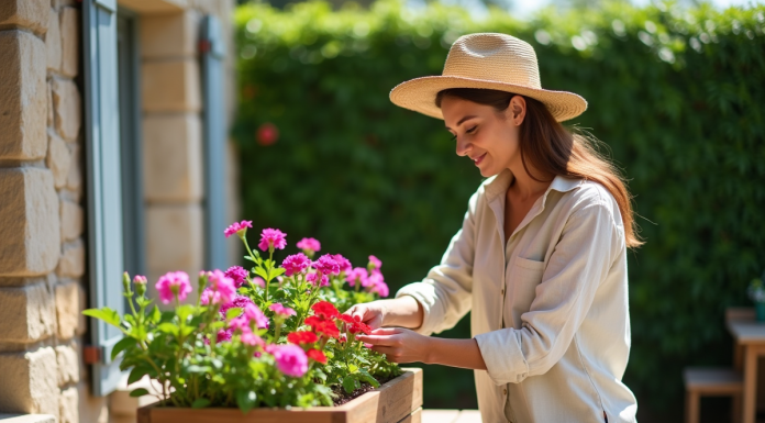 Femme en terrasse arrangeant des fleurs en jardinière