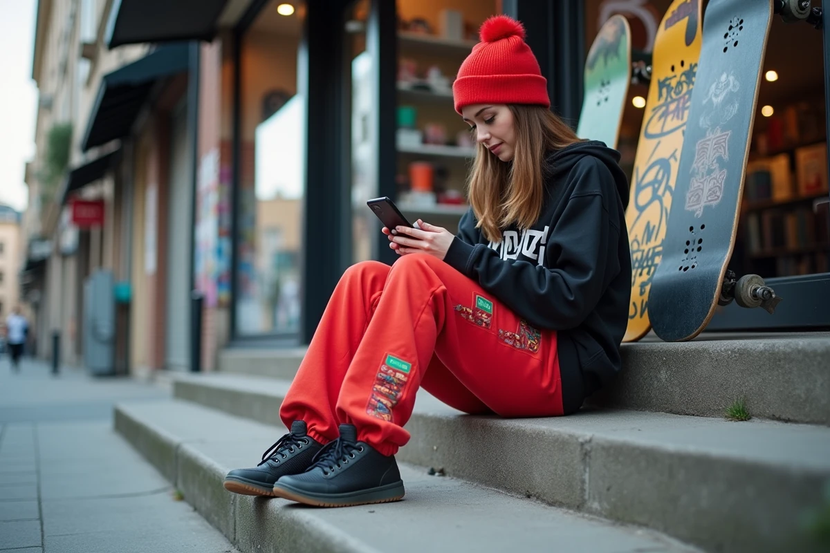 Jeune femme urbaine assise sur des marches de skate