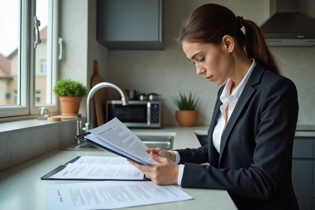 Jeune femme examinant un dossier DPE dans une cuisine lumineuse