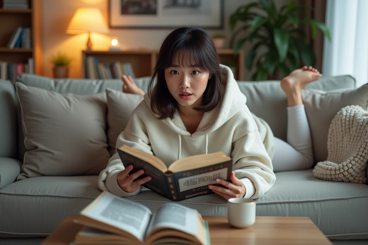 Femme lisant un manga isekai sur un canapé moderne avec plusieurs volumes de manga posés sur une table basse