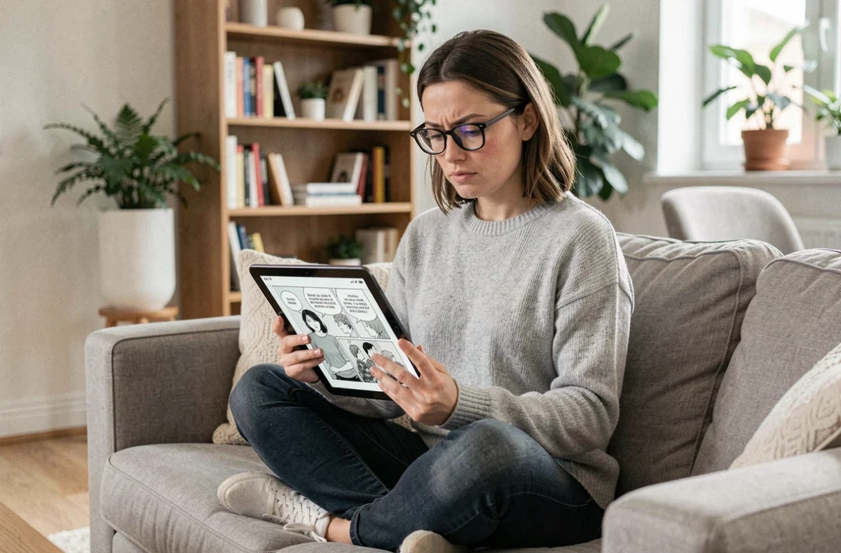 Femme lisant des scans manga en français sur une tablette numérique dans son salon