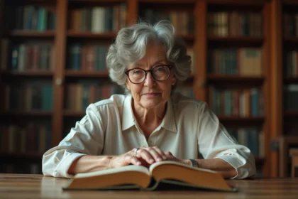 Femme lisant un livre best-seller dans une bibliothèque classique en bois, exprimant fascination et concentration