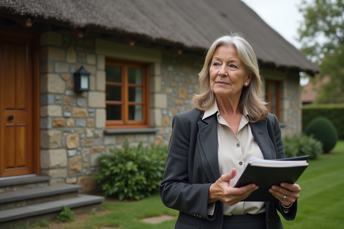 Femme regardant la maison en pierre et bois avec un dossier