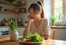 Jeune femme mangeant des légumes frais à la cuisine
