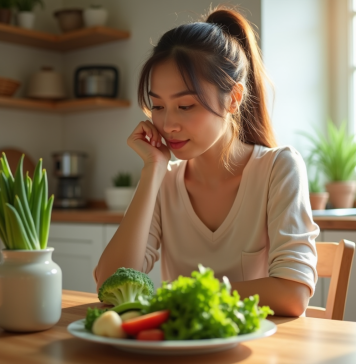 Jeune femme mangeant des légumes frais à la cuisine