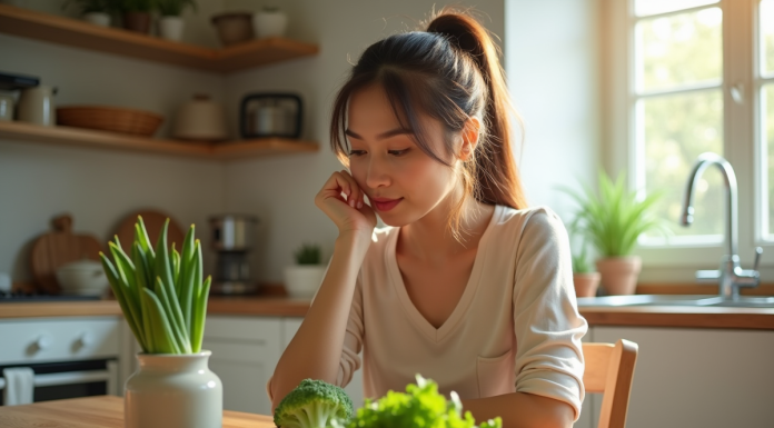 Jeune femme mangeant des légumes frais à la cuisine