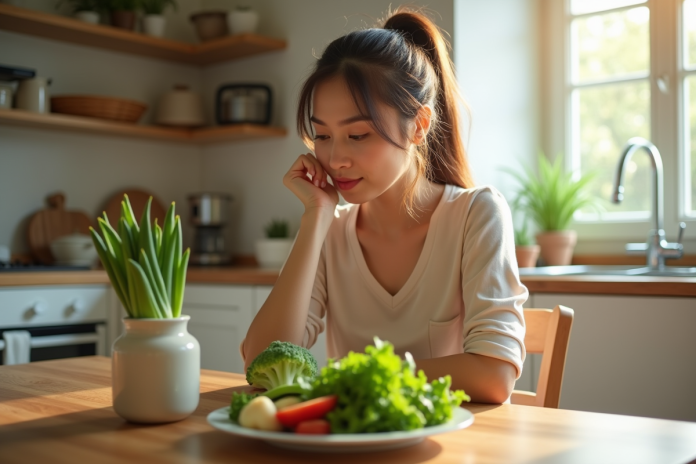 femme-manger-legumes-frais Jeune femme mangeant des légumes frais à la cuisine