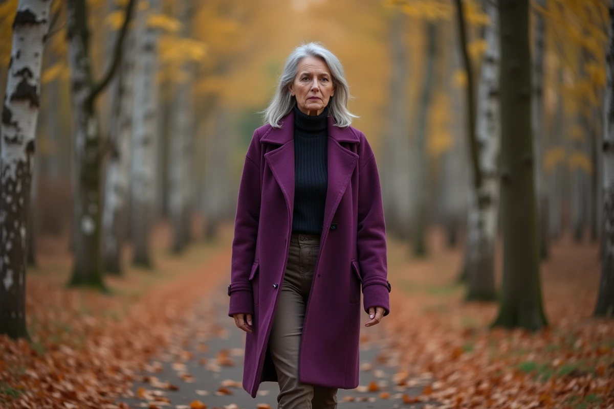 Femme mature en manteau violet marchant dans une forêt automnale, symbolisant la connexion spirituelle et le pouvoir intérieur associés à l'aura violette