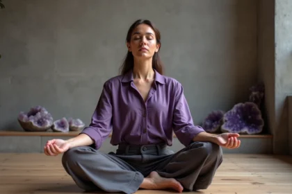 Femme en méditation portant une blouse violette dans un studio minimaliste avec des cristaux d'améthyste, évoquant l'aura violette et la conscience de soi