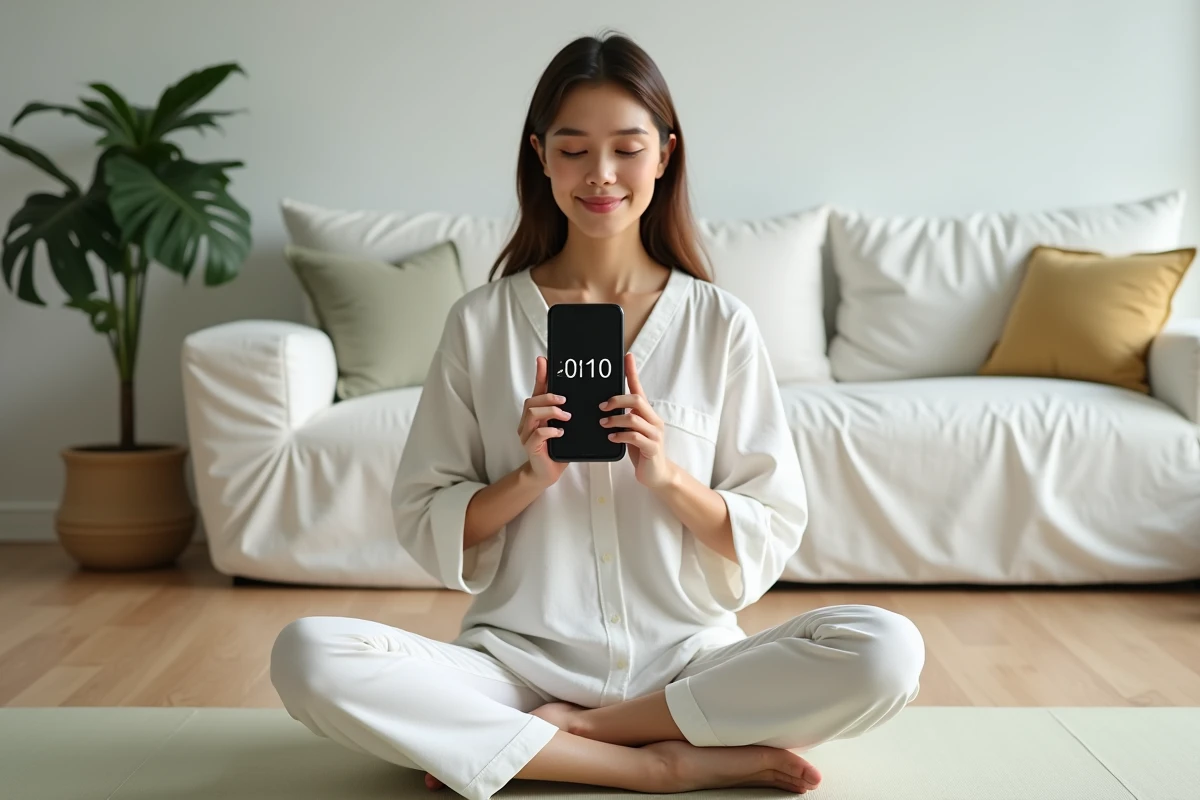 Jeune femme en position de méditation tenant un smartphone affichant 01h10, évoquant la signification spirituelle du nombre 0110