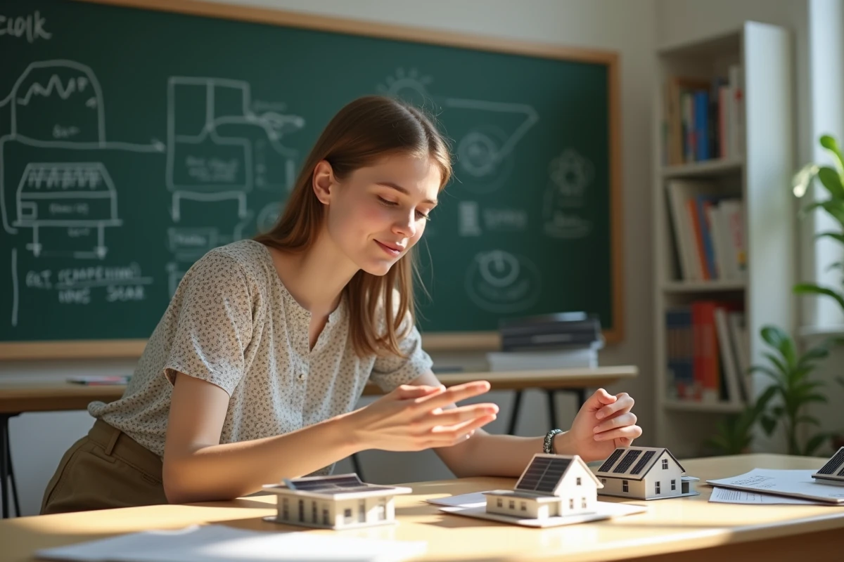 Jeune femme compare modèles de panneaux solaires en classe