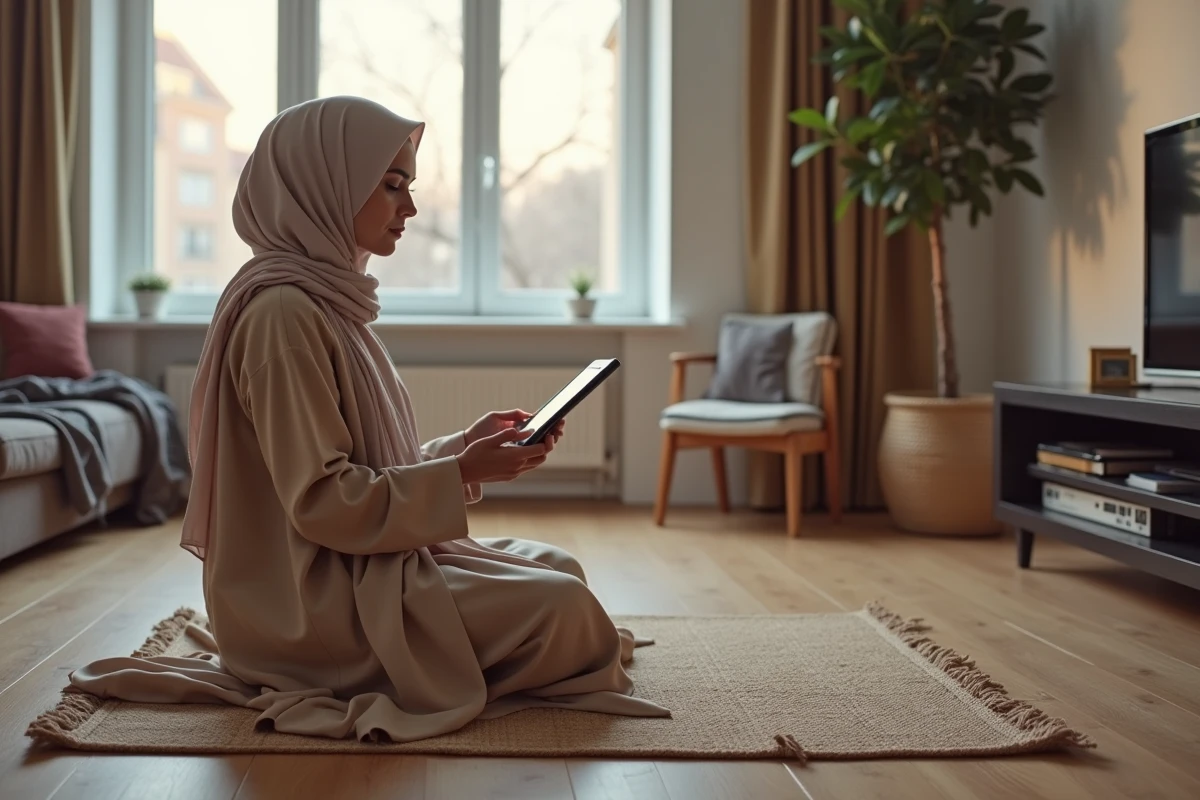 Femme musulmane consulte ses prières sur une tablette à Toulouse