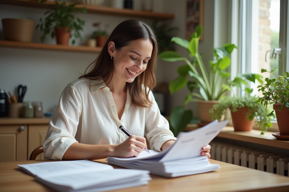Femme souriante organise ses finances à la maison