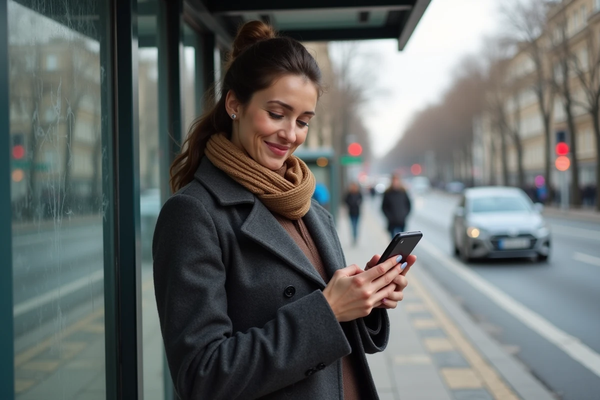 Femme regardant son téléphone à un arrêt de bus en banlieue parisienne