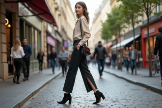 Femme élégante marchant dans une rue parisienne