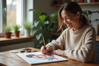 Femme souriante peignant une toile personnalisée en intérieur