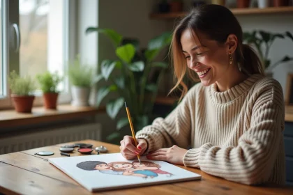 Femme souriante peignant une toile personnalisée en intérieur