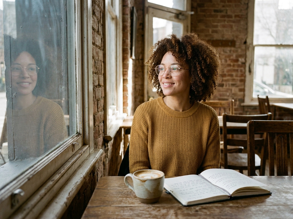 Jeune femme découvrant ses premières lunettes rondes dorées dans un café, ambiance authentique et lifestyle pour un article de blog mode