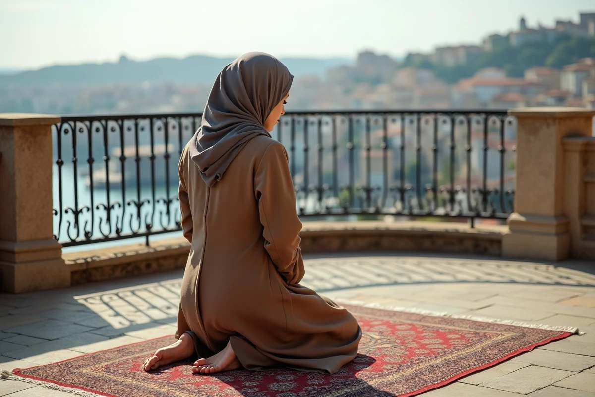 Jeune femme priant sur une terrasse avec vue urbaine